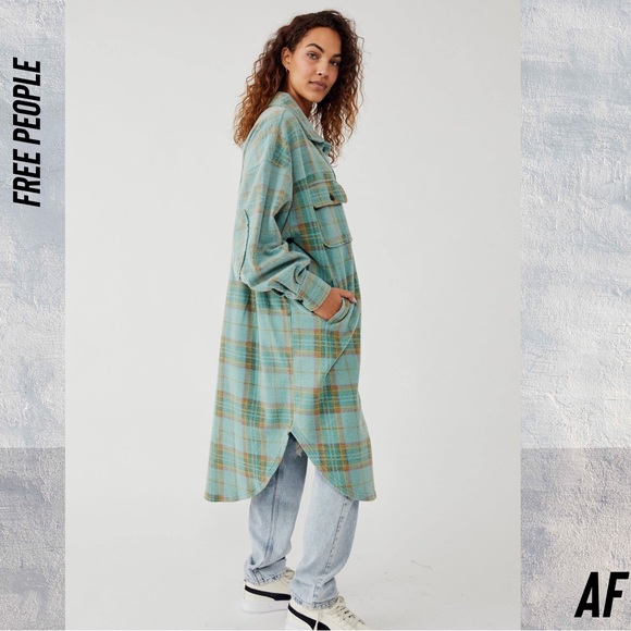 FREE PEOPLE LONG RUBY PLAID JACKET IN GREEN COMBO NEW LARGE - Picture 8 of 8